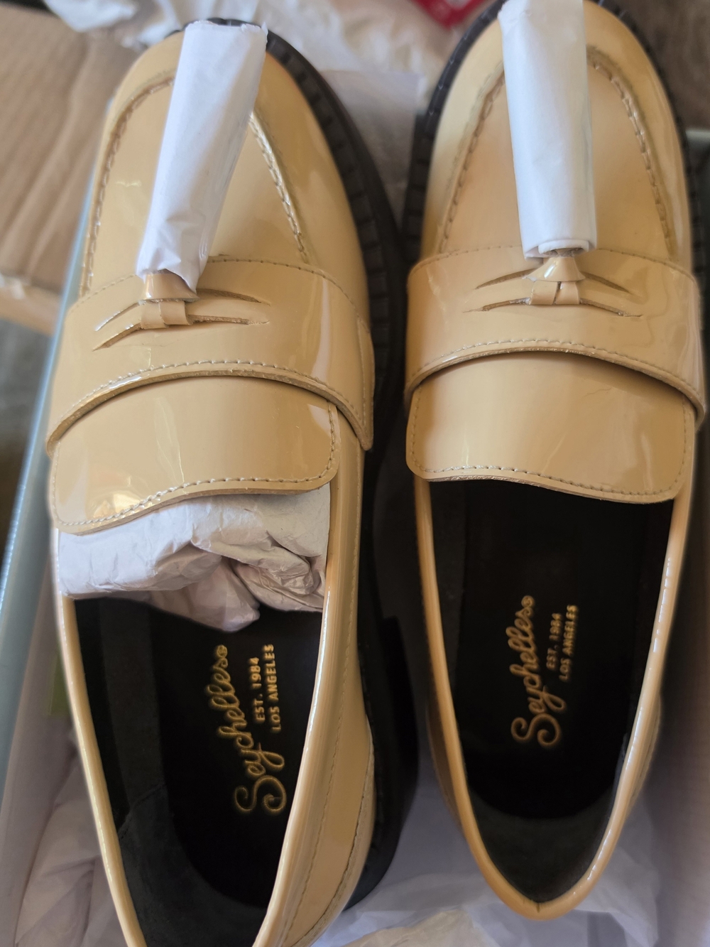 Seychelles  Glossy Patent Loafers in Beige